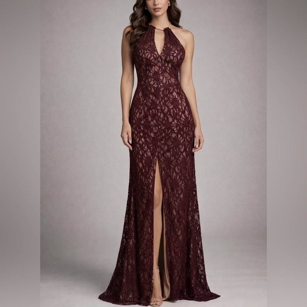 B Darlin Macy’s Burgundy Halter Shimmer Nude Lace Formal Dress Maxi Homecoming